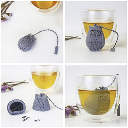 Infusor de té reutilizable, juego de filtros de té de silicona con animales cortados para té de hojas sueltas, taburete divertido con elefante, búho, ardilla y tiburón (gris)