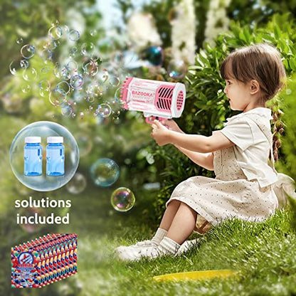 Ametralladoras de burbujas, pistolas de burbujas con luz, solución de burbujas, máquina de burbujas de 69 agujeros para niños adultos, regalo de juguete de verano para fiestas de cumpleaños en interiores y exteriores, fabricantes de burbujas rosas