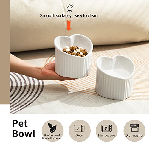 Raised Ceramic Tilted Cat Bowls, Heart Shape Elevated Cat Food Bowl, Porcelain Slanted Pet Feeder Dish for Flat Faced Cats, Protect Cat's Spine, Stress Free, Backflow Prevention,2 Pack(White)