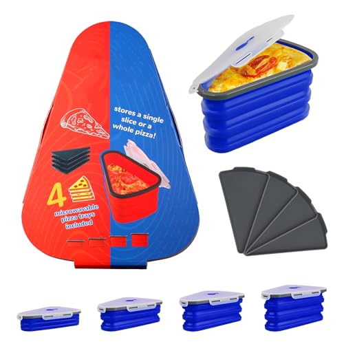Maelifu Contenedor de almacenamiento de pizza, contenedor de pizza para sobras de pizza con 4 bandejas, contenedor de almacenamiento reutilizable para rebanadas de pizza para microondas, frigorífico y lavavajillas, azul