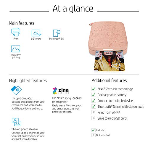 Impresora fotográfica instantánea en color portátil HP Sprocket de 2x3" (Blush) Imprima imágenes en papel adhesivo Zink desde su dispositivo iOS y Android.