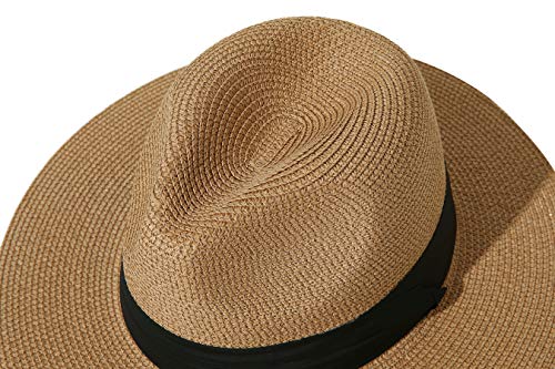 Lanzom Sombrero enrollable Panamá de paja de ala ancha para mujer Fedora Beach Sun Hat UPF50+ (Cinturón cuadrado A marrón)