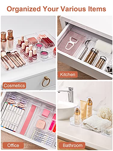 SMARTAKE 22-Piece Drawer Organizer with Non-Slip Silicone Pads, 4-Size Clear Desk Drawer Organizer Trays Storage Tray for Makeup, Jewelries, Utensils in Bedroom Dresser, Office and Kitchen, Clear