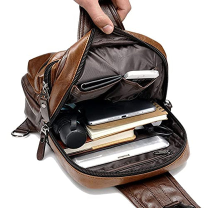 Mochila pequeña con bandolera marrón para hombres y mujeres, bandolera de cuero PU vintage, mochila informal con una correa, cargador USB para ciclismo