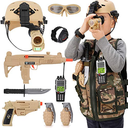 Liberty Imports Disfraz de Halloween para niños, soldado del ejército, combate militar, marines, camuflaje del desierto, juego de rol de lujo con casco, pistolas de juguete, accesorios (11 piezas)