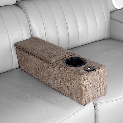 FAGAGA Sofa Armrest with Cup Holder, Removable Couch Arm Cup Holder with Storage, Removable Wireless Charge&LED Light, Light Brown