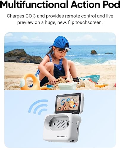 Insta360 GO 3: mini cámara de acción resistente al agua con vídeo 2.7K 2720 y fotografía 2936, estabilización de estado de flujo, captura POV, edición automática de IA, pantalla táctil Action Pod y accesorios de cámara portátiles (128 GB)