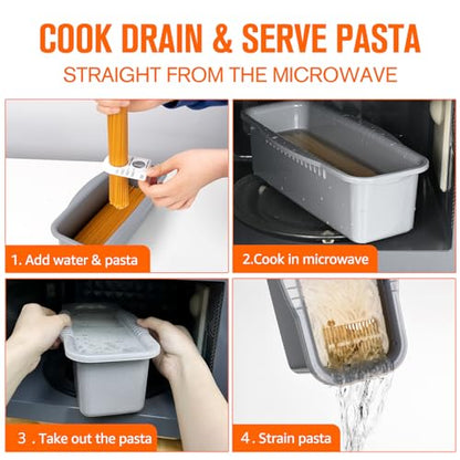 Cocedor de pasta para microondas con tapa coladora - Cocina rápida y fácil 4 porciones Cocedor de espaguetis - No se pega ni espera a hervir - Perfecto para hacer pasta cada vez - Para dormitorio, cocina u oficina