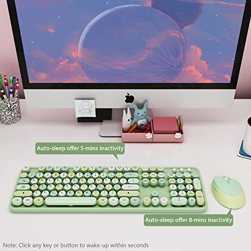 Teclado y mouse inalámbricos verdes, KOOTOP lindo teclado y mouse coloridos verdes, teclado inalámbrico 2.4G con tecla redonda retro para PC, Mac, computadora portátil, tableta, computadora Windows (verde)