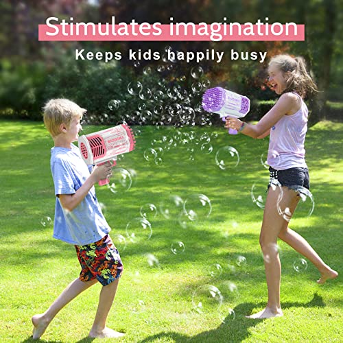 Ametralladoras de burbujas, pistolas de burbujas con luz, solución de burbujas, máquina de burbujas de 69 agujeros para niños adultos, regalo de juguete de verano para fiestas de cumpleaños en interiores y exteriores, fabricantes de burbujas rosas