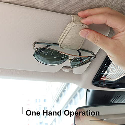 SUNCARACCL 2 Pack Sunglass Holder for Car Visor, Magnetic Leather Glasses Eyeglass Hanger Clip for Car, Sunglasses Holder and Ticket Card Clip for Car Visor Accessories (Beige)