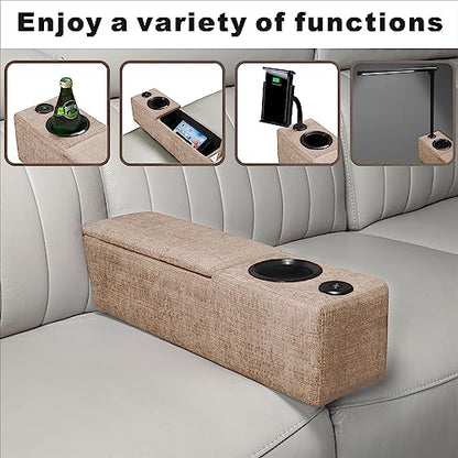 FAGAGA Sofa Armrest with Cup Holder, Removable Couch Arm Cup Holder with Storage, Removable Wireless Charge&LED Light, Light Brown