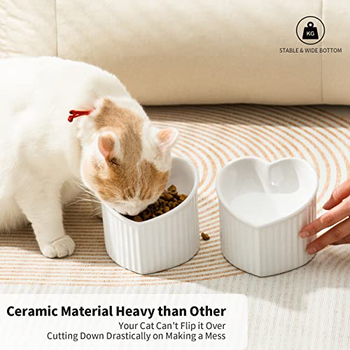 Raised Ceramic Tilted Cat Bowls, Heart Shape Elevated Cat Food Bowl, Porcelain Slanted Pet Feeder Dish for Flat Faced Cats, Protect Cat's Spine, Stress Free, Backflow Prevention,2 Pack(White)