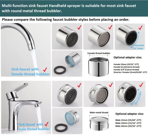 MANYHORSES Hand Shower Sink Hose Sprayer,Shampoo Sink Hose Sprayer Attachment,Faucet Extension Tubes, Chrome, Adjustable Mode,Copper Valve Adapter,No Drilling Support