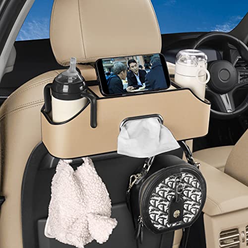 HALOYIVGO Car Seat Back Organizer - Stylish & Functional Storage for Family Adventures - Cup Holders, Tissue Box & Hooks - Perfect for Kids, Road Trips & Travel (Beige)