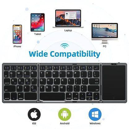 OMOTON Teclado Bluetooth plegable con panel táctil, teclado plegable inalámbrico, multidispositivo y recargable, teclado portátil de viaje para iPad, iPhone, Android, Windows portátil, escritorio, tableta y PC