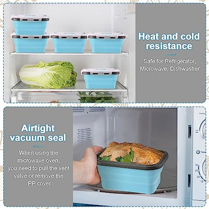 Mifoci Set of 12 Silicone Collapsible Food Storage Containers 12 oz Collapsible Meal Prep Container Square Collapsible Bowl with Clear Lids Vent, Freezer, Microwave and Dishwasher Safe (Gray Blue)