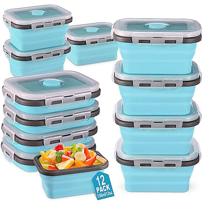 Mifoci Set of 12 Silicone Collapsible Food Storage Containers 12 oz Collapsible Meal Prep Container Square Collapsible Bowl with Clear Lids Vent, Freezer, Microwave and Dishwasher Safe (Gray Blue)