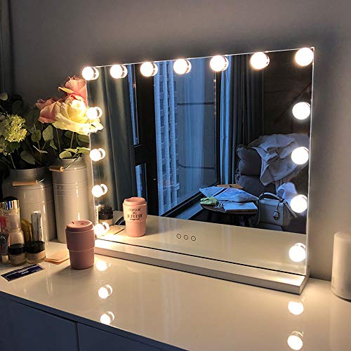 FENCHILIN Espejo de tocador con luces, espejo de maquillaje iluminado Hollywood con 15 bombillas LED regulables para vestidor y dormitorio, diseño de marco de metal delgado, blanco