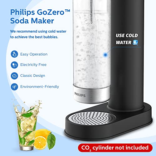 Philips Máquina para hacer agua con gas de acero inoxidable para carbonatar en el hogar con botella de carbonatación de 1 litro de PET sin BPA, compatible con cualquier carbonatador de intercambio de CO2 de 60 litros de rosca (NO incluido), negro