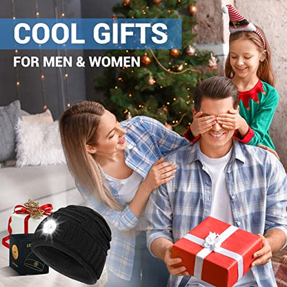 Regalos para hombres Gorro con luz: Rellenos de medias Mujeres Hombres Gorra recargable Linterna LED Sombreros de invierno Ideas de regalos para papá Negro