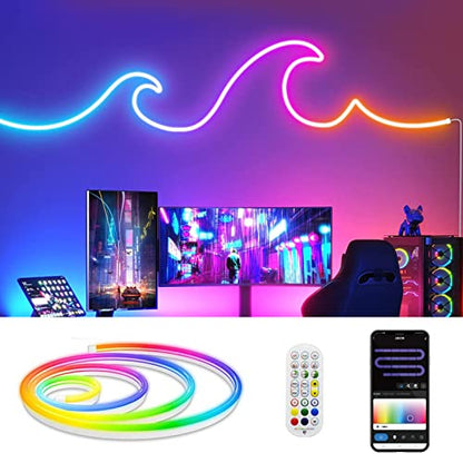 FLEXISPOT Luces de neón con sincronización de música, luces de cuerda funcionan con Alexa, Asistente de Google, tiras de luces LED inteligentes para dormitorio, sala de estar, decoración del hogar (10 pies)