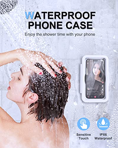 Humixx Soporte impermeable para teléfono de ducha, funda para teléfono de ducha con rotación de 360°, antivaho de alta sensibilidad, caja de montaje para baño, espejo de pared, bañera, cocina, compatible con teléfonos móviles de 4 a 8 pulgadas