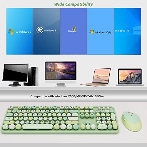 Teclado y mouse inalámbricos verdes, KOOTOP lindo teclado y mouse coloridos verdes, teclado inalámbrico 2.4G con tecla redonda retro para PC, Mac, computadora portátil, tableta, computadora Windows (verde)