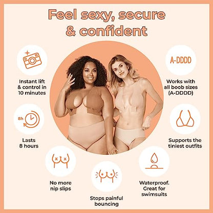 Nueboo Boob Tape + Nipple Covers, Breast Lift Tape- Instant Boob Lift & Control, Body Tape for all Clothing Types, Long-lasting Waterproof Bra Tape (Brown)