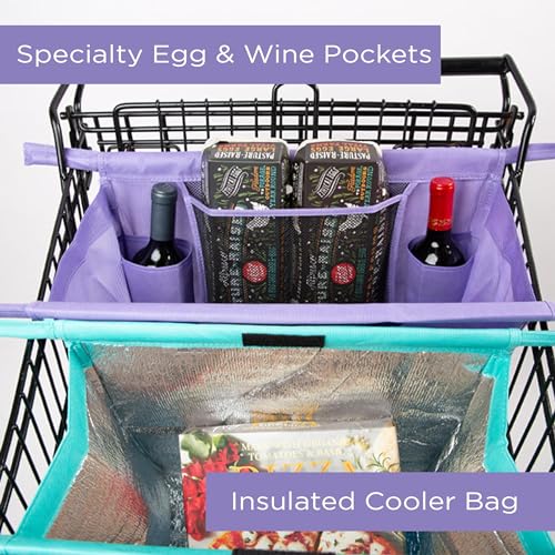 Lotus Trolley Bag – Bolsas de compras reutilizables (juego de 4), bolsas de comestibles con enfriador aislado y soporte para huevos/vino, bolsas plegables y lavables para carrito de comestibles, bolsas de mano multiusos (púrpura, turquesa, azul, marrón)