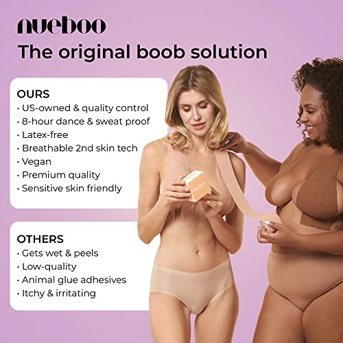 Nueboo Boob Tape + Nipple Covers, Breast Lift Tape- Instant Boob Lift & Control, Body Tape for all Clothing Types, Long-lasting Waterproof Bra Tape (Brown)