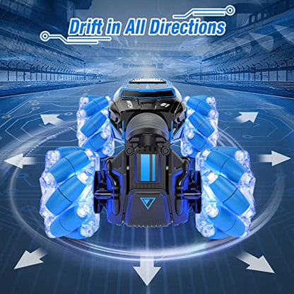 Powerextra LED Gesture Rc Car, 4WD 2.4GHz Control Remoto Coche con Detección de Gestos, Doble Cara Rotación de 360° Transformación Off Road Rc Stunt Car con Luces y Baile para Niños y Niñas de 6 a 12 Años
