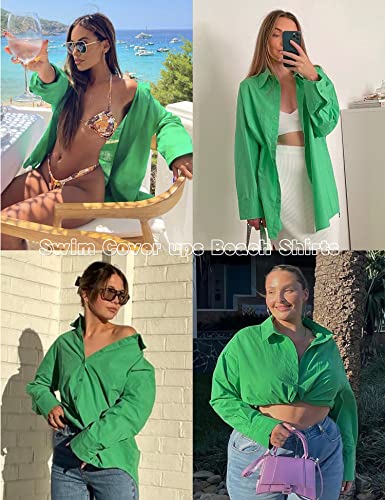 Camisas verdes de gran tamaño para mujer, camisa de novio con botones de manga larga, blusa informal con hombros caídos