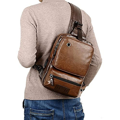 Mochila pequeña con bandolera marrón para hombres y mujeres, bandolera de cuero PU vintage, mochila informal con una correa, cargador USB para ciclismo