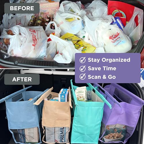Lotus Trolley Bag – Bolsas de compras reutilizables (juego de 4), bolsas de comestibles con enfriador aislado y soporte para huevos/vino, bolsas plegables y lavables para carrito de comestibles, bolsas de mano multiusos (púrpura, turquesa, azul, marrón)