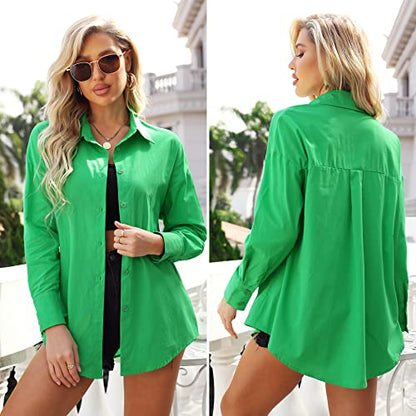 Camisas verdes de gran tamaño para mujer, camisa de novio con botones de manga larga, blusa informal con hombros caídos