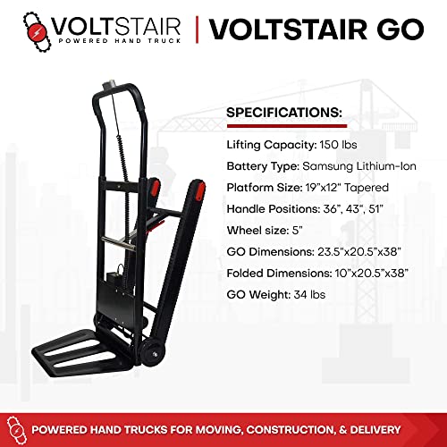 Voltstair GO Carretilla de mano motorizada eléctrica portátil para subir escaleras con batería extraíble, con cuerda elástica incluida y pistas antideslizantes para levantamiento pesado (capacidad de elevación de 150 lb) negro/rojo