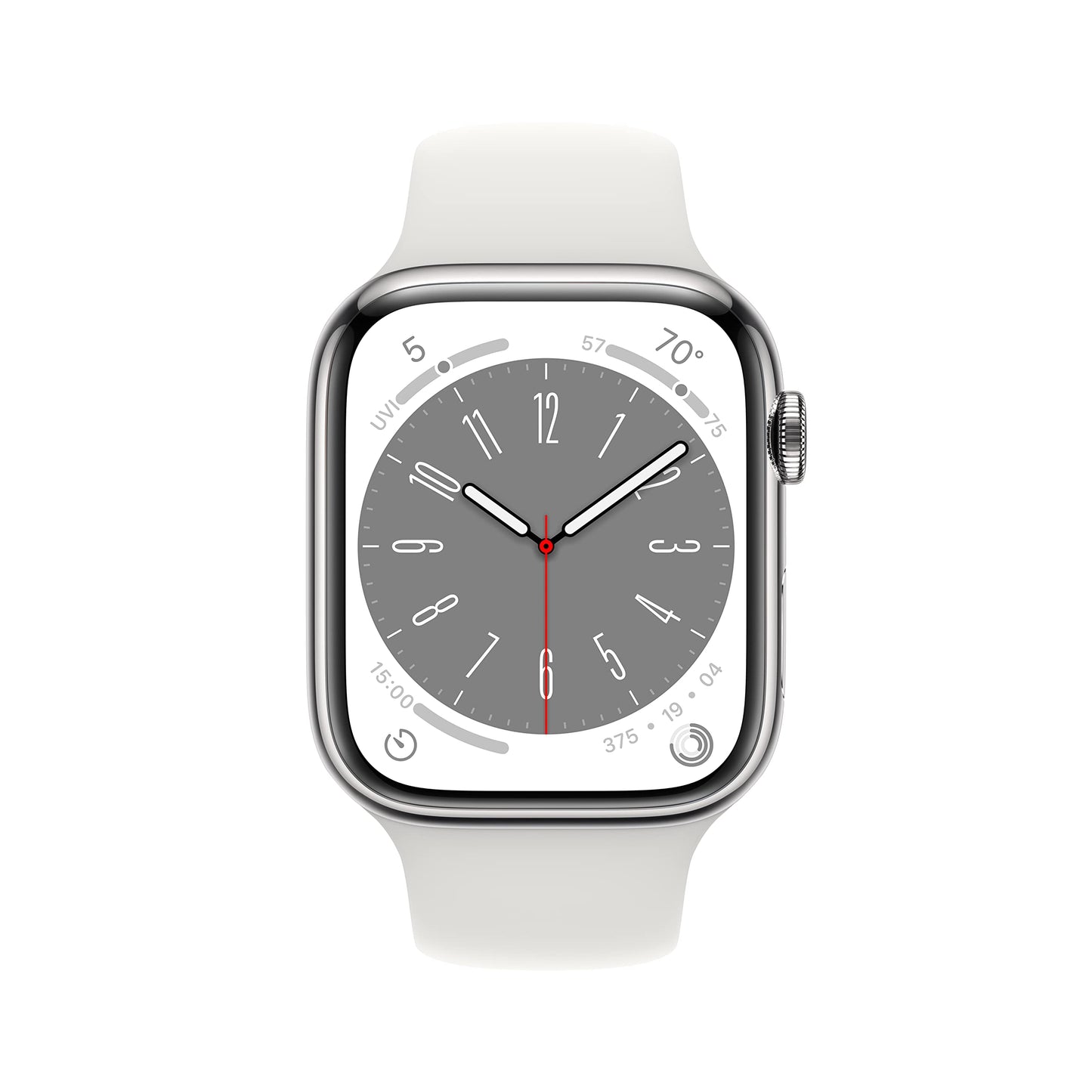 PRODUCTO 285 Reloj inteligente Apple Watch Series 8 [GPS + Cellular 45 mm] con caja de acero inoxidable plateada y correa deportiva blanca - S/M con AppleCare+ (2 años)