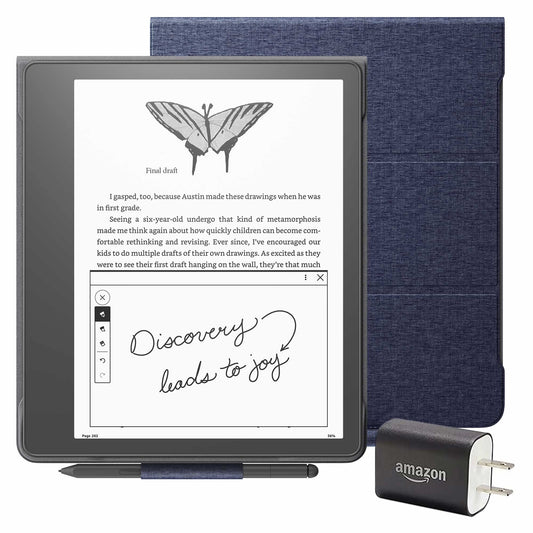 Paquete Kindle Scribe Essentials que incluye Kindle Scribe (64 GB), lápiz premium, funda tipo folio de tela con fijación magnética - Denim y adaptador de corriente